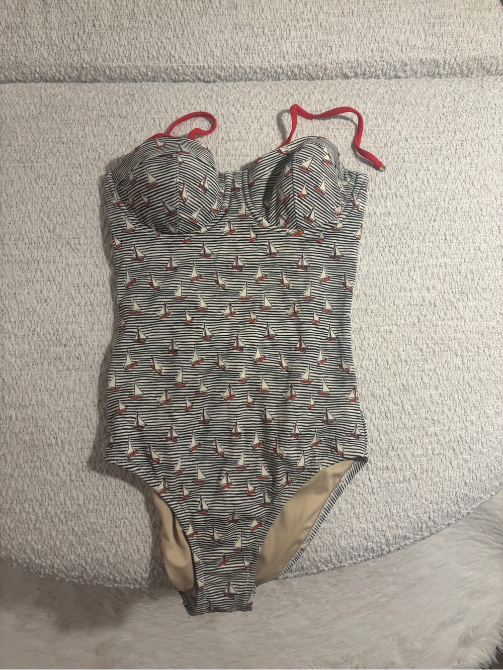 J. Crew Navy and White Striped One-Piece Swimsuit with Red Straps